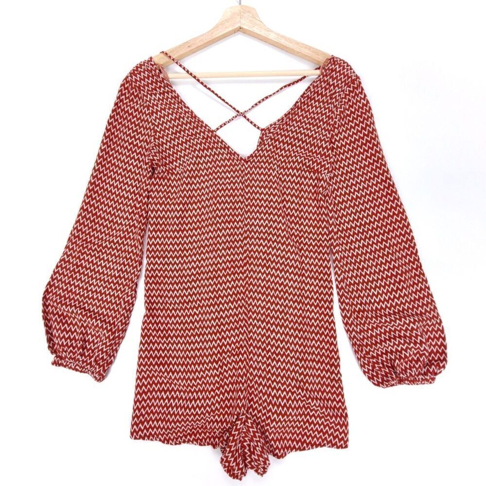 BILLABONG Secret Vibes Balloon Sleeve Cross Back Romper Rust Chevron Boho Small